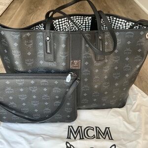MCM Black Monogram Tote with Pouch